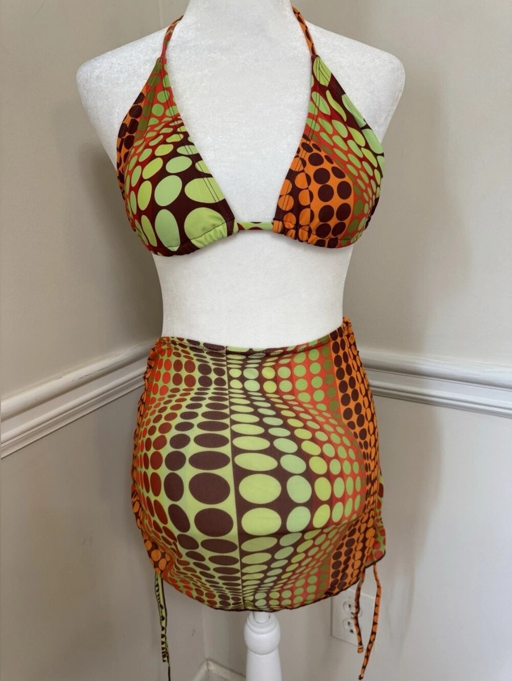 Retro Dot Print Bikini Set in Green, Orange & Brown